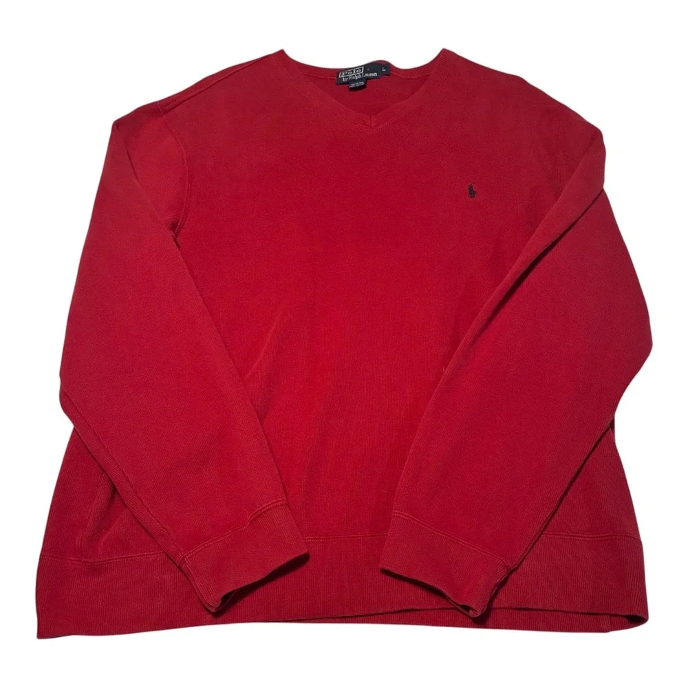 Polo Ralph Lauren Mens Red V-Neck Cotton Knit Sweater Navy Pony Logo Large